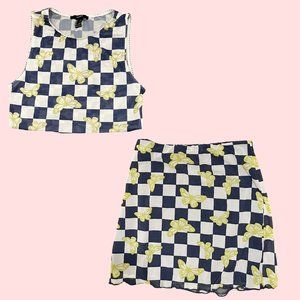 Forever 21 Blue Checkered Green Butterfly Mesh Matching Skirt/Top Set.
